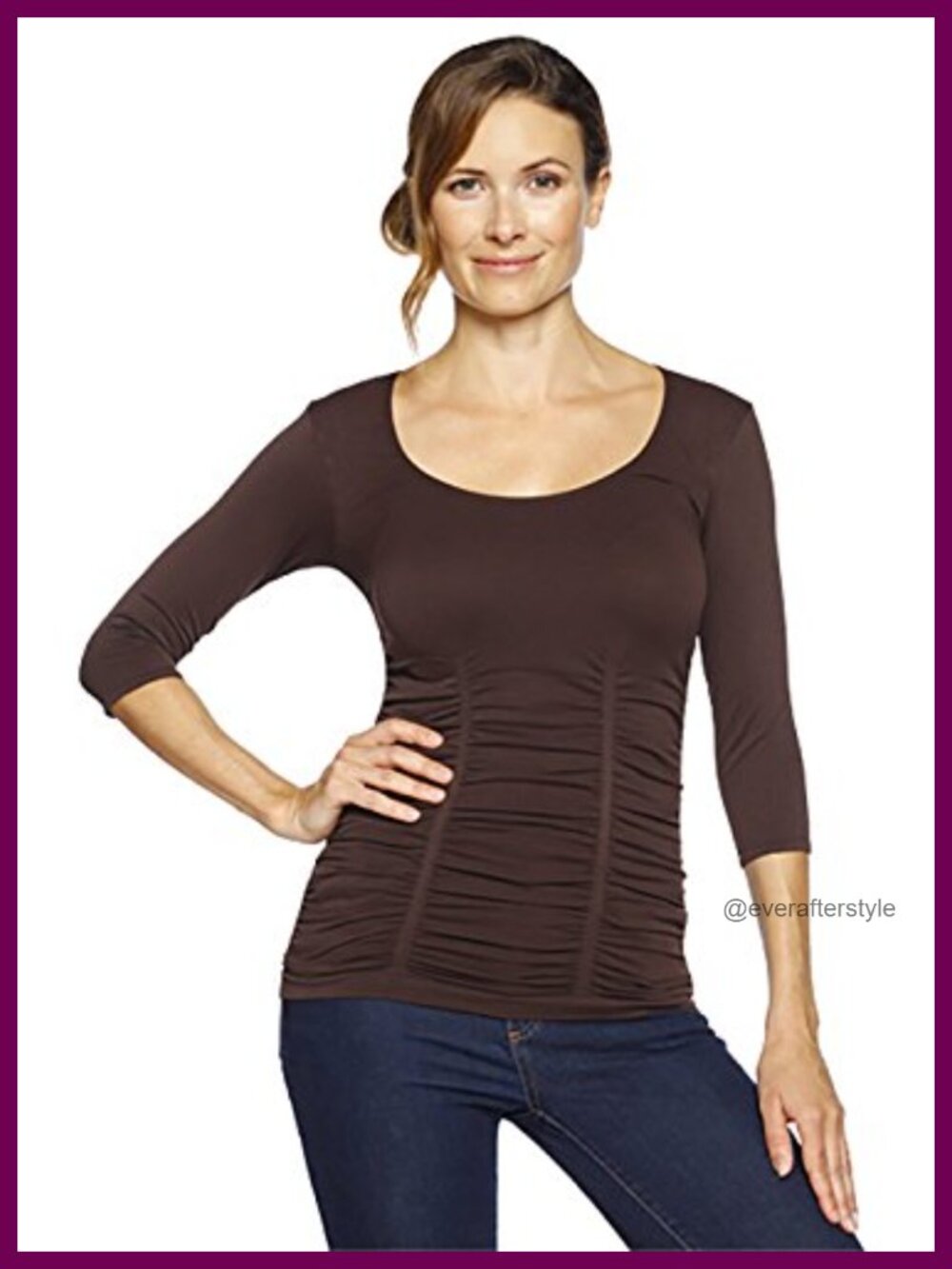 Seamless Ruched 3/4 Sleeve Slim Fit Scoop Neck Layering Top